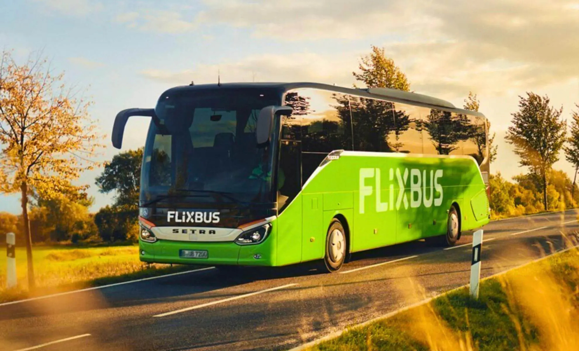 FlixBus green bus on route
